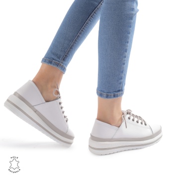 Pantofi casual piele naturala CRL877 ALB CU GRI - Img 3