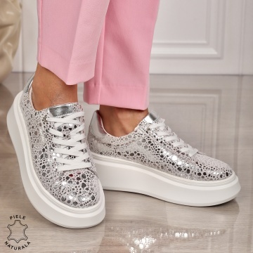 Pantofi CASUAL PIELE NATURALA CU SIRET CRL1450 Argintiu - Img 2