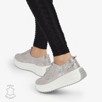 Pantofi casual piele naturala Intoarsa cu INCHIDERE SIRET CRL1306 ARGINTIU - Img 3