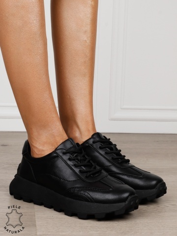 Pantofi damă din piele naturală cu șiret model versatil CRL1852 NEGRU