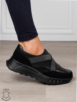 Pantofi dama din Piele Naturala slip-on cu elastic CRL1545 NEGRU
