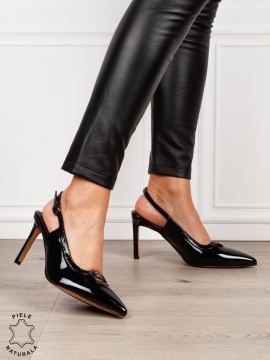 Pantofi dama eleganti din piele naturala Lacuita cu toc subtire clasic CRL1635 NEGRU