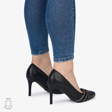 Pantofi Eleganți dama din Piele Naturala cu strasuri si toc subtire CRL0983 NEGRU - Img 3