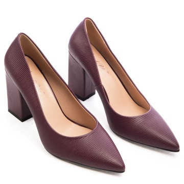 Pantofi Eleganti din Piele Ecologica cu model si toc Gros CRL0726 bordo - Img 1