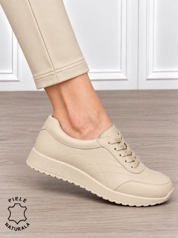 Pantofi sport damă din piele naturală cu cataramă decorativă în partea frontală CRL1895 BEJ INCHIS - Img 2