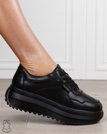Pantofi sport damă din piele naturală cu siret CRL1881 NEGRU - Img 2