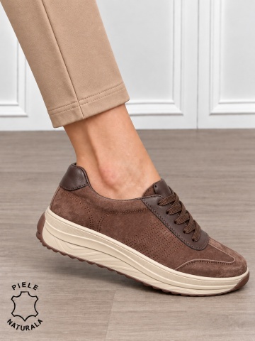 Pantofi sport damă din piele naturală întoarsă cu design casual CRL1894 CAFENIU - Img 2