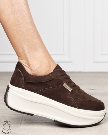 Pantofi sport damă din piele naturală întoarsă cu talpă înaltă CRL1862 CAFENIU - Img 2