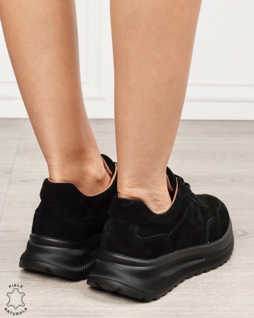 Pantofi sport damă din piele naturală Intoarsa cu talpă înaltă CRL1864 NEGRU - Img 3