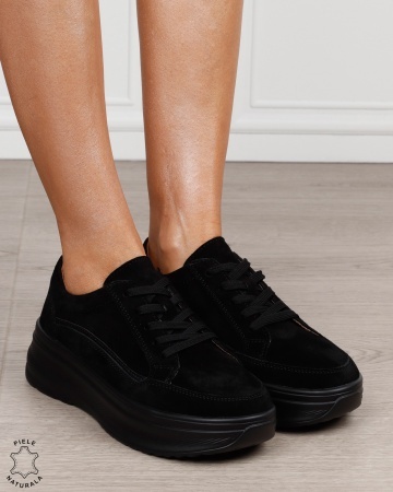 Pantofi sport damă din piele naturală intoarsa stil clasic și versatil CRL1867 NEGRU - Img 2
