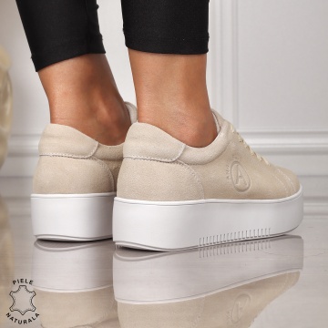 Pantofii casual din piele naturala INTOARSA CU SIRET CRL1455 BEJ - Img 3