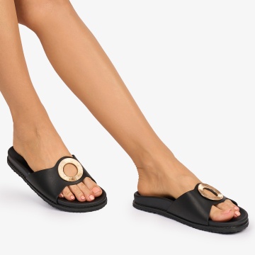 PAPUCI dama din Piele ECOLOGICA CU CATARAMA AURIE IN MIJLOC CRL1084 CULOARE: NEGRU - Img 2