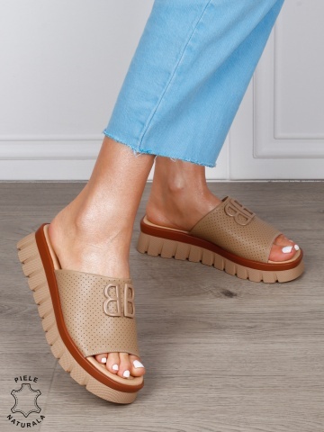 Papuci Damă din Piele Naturală cu Detalii Perforate și Talpă Groasă CRL1264 KHAKI - Img 3