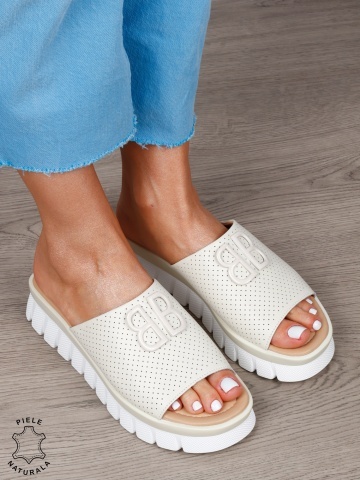Papuci Damă din Piele Naturală cu Detalii Perforate și Talpă Groasă CRL1264 BEJ - Img 3