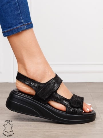 Sandale damă din piele naturală cu inchidere scai CRL1652 NEGRU