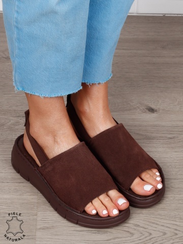 Sandale Damă din Piele Naturală Intoarsa cu Design Modern și Bareta Elastică CRL1805 CAFENIU - Img 3