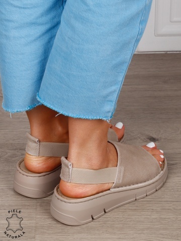 Sandale Damă din Piele Naturală Intoarsa cu Design Modern și Bareta Elastică CRL1805 BEJ INCHIS - Img 3