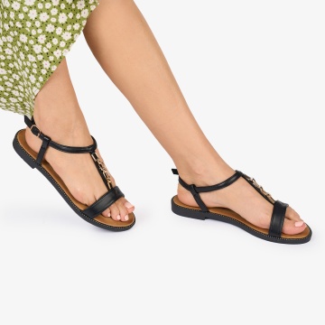 SANDALE dama PIELE ECOLGICA CU DETALIU AURIU CRL1028 Culoare: NEGRU - Img 3