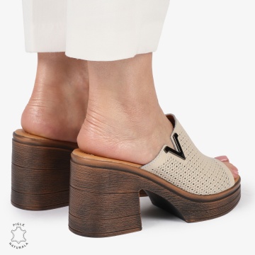 Sandale elegante din piele naturală CU TOC GROS SI INALT CRL1405 BEJ - Img 4