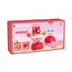 Jucarie de rol, trusa de bucatarie 3in1 tip mini rucsac, geanta si birou pentru scoala "Balena Minunata", 30 piese, accesorii de bucatarie incluse, portabil, roz - Img 3