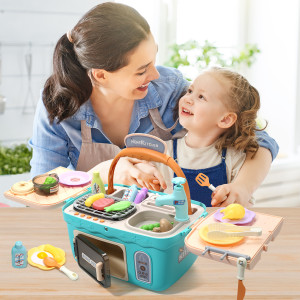 Set de joaca bucatarie, Picnic Chef, cu accesorii de bucatarie si robinet, Albastru