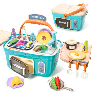 Set de joaca bucatarie, Picnic Chef, cu accesorii de bucatarie si robinet, Albastru - Img 15