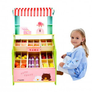 Stand aprozar cu rafturi din lemn si casa de marcat, cantar, legume, tavita de scris inclusa, tip Montessori, dimensiune 93x52x30 cm - Img 10