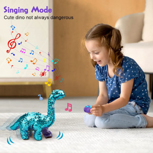 Dinozaur interactiv cu paiete, 2 fete reversibile, functie de inregistrare, vorbeste, canta si merge, cu RC, Turcoaz - Img 2