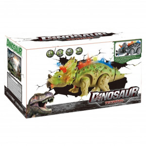 Jucarie Dinozaur Cu Baterii Triceratops, Lumini Multicolore, Sunete Si Miscari Realiste Interactive, Verde, 25 cm - Img 7