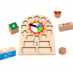 Jucarie educativa, ceas din lemn, cu diferite forme geometrice colorate, accesorii vreme - Img 7