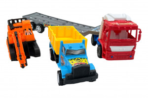 Set 3 Masinute, Camion Trailer cu capota rosu, Masinuta, Macara, Multicolor