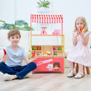 Stand aprozar cu rafturi din lemn si casa de marcat, cantar, legume, tavita de scris inclusa, tip Montessori, dimensiune 93x52x30 cm
