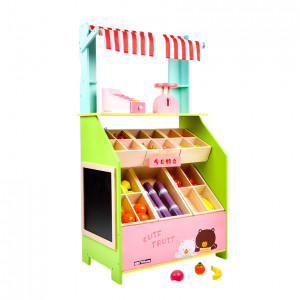 Stand aprozar cu rafturi din lemn si casa de marcat, cantar, legume, tavita de scris inclusa, tip Montessori, dimensiune 93x52x30 cm - Img 11