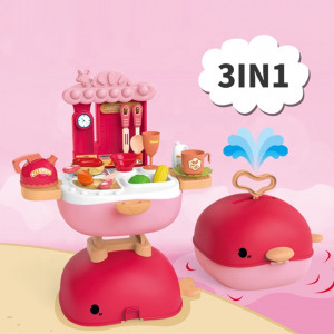 Jucarie de rol, trusa de bucatarie 3in1 tip mini rucsac, geanta si birou pentru scoala "Balena Minunata", 30 piese, accesorii de bucatarie incluse, portabil, roz - Img 6