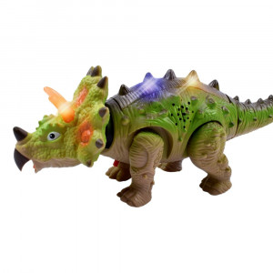 Jucarie Dinozaur Cu Baterii Triceratops, Lumini Multicolore, Sunete Si Miscari Realiste Interactive, Verde, 25 cm - Img 3