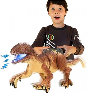 Jucarie interactiva Dinozaur Raptor Gigant cu telecomanda RC, 2.4 Ghz, sunete si lumini, Maro, 49x21x17 cm