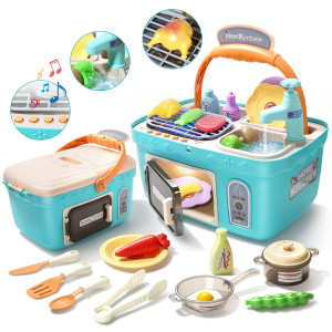 Set de joaca bucatarie, Picnic Chef, cu accesorii de bucatarie si robinet, Albastru - Img 3