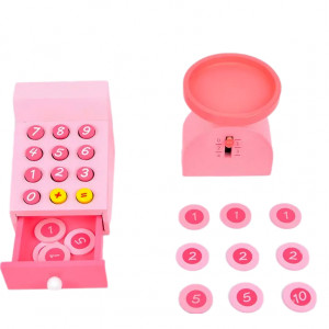 Stand aprozar cu rafturi din lemn si casa de marcat, cantar, legume, tavita de scris inclusa, tip Montessori, dimensiune 93x52x30 cm - Img 12