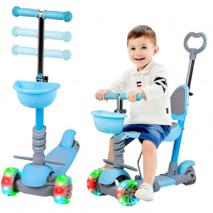 Trotineta Pentru Copii, MANINI, 5 in 1, Cu 3 Roti Luminoase, Ghidon Reglabil Pe Inaltime, Scaun Detasabil, Culoare Albastru