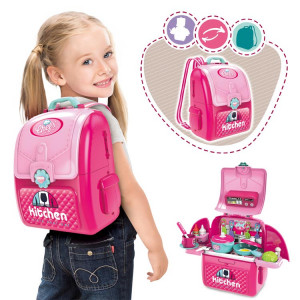 Jucarie de rol, Bucataria din Ghiozdan 2in1, Micuta Bucatareasa, cu 28 Accesorii, in Forma de Ghiozdan cu Bretele Ajustabile, Roz