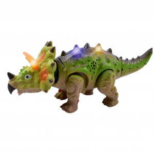 Jucarie Dinozaur Cu Baterii Triceratops, Lumini Multicolore, Sunete Si Miscari Realiste Interactive, Verde, 25 cm - Img 9
