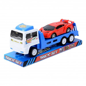 Set Camion de jucarie cu trailer si masinuta, Alb/Rosu/Albastru