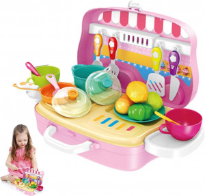Set de joaca Bucatarie Copii "Valiza pe roti" 2 in 1, maner portabil si roti, lumini si sunet, cu accesorii de bucatarie, legume si oale, Roz - Img 4