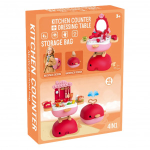 Jucarie de rol, trusa de bucatarie si de infrumusetare, 4in1 tip rucsac, geanta si birou "Balena Minunata", 45 accesorii incluse, roz - Img 3