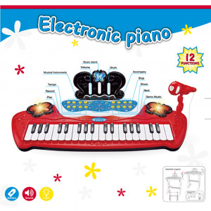 Set Complet Muzical Copii cu Pian Electronic, Microfon, si Scaunel, Karaoke, 12 Functii, Melodii si ritmuri diferite, Mp3, Posibilitatea de a conecta un telefon, Rosu - Img 5
