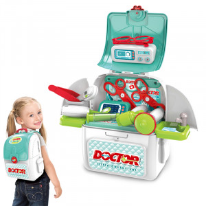 Set de Joaca, Trusa Medicala pentru copii 2in1, cu 9 Accesorii, in Forma de Rucsac cu Bretele Ajustabile, Stetoscop, Termometru, Ochelari, Seringa, Foarfeca, Multicolor