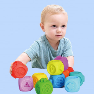 Set jucarii interactive si educative din silicon, Cuburi 8 piese, pentru dentitia bebelusilor, varsta +6 luni, multicolor - Img 5