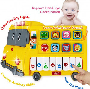 Jucarie muzicala educativa, Autobuz didactic, pentru copii cu lumini si sunete de animalute, Galben - Img 2