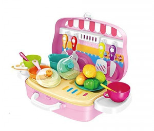 Set de joaca Bucatarie Copii "Valiza pe roti" 2 in 1, maner portabil si roti, lumini si sunet, cu accesorii de bucatarie, legume si oale, Roz - Img 5