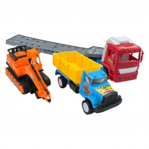 Set 3 Masinute, Camion Trailer cu capota rosu, Masinuta, Macara, Multicolor - Img 2